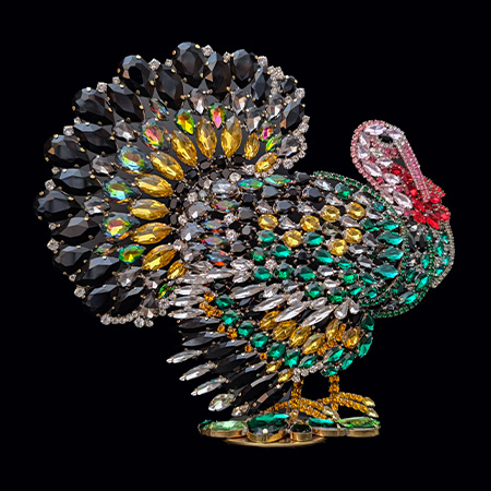 A luxurious, large turkey christmas decoration, crafted from coloured rhinestone crystals. 